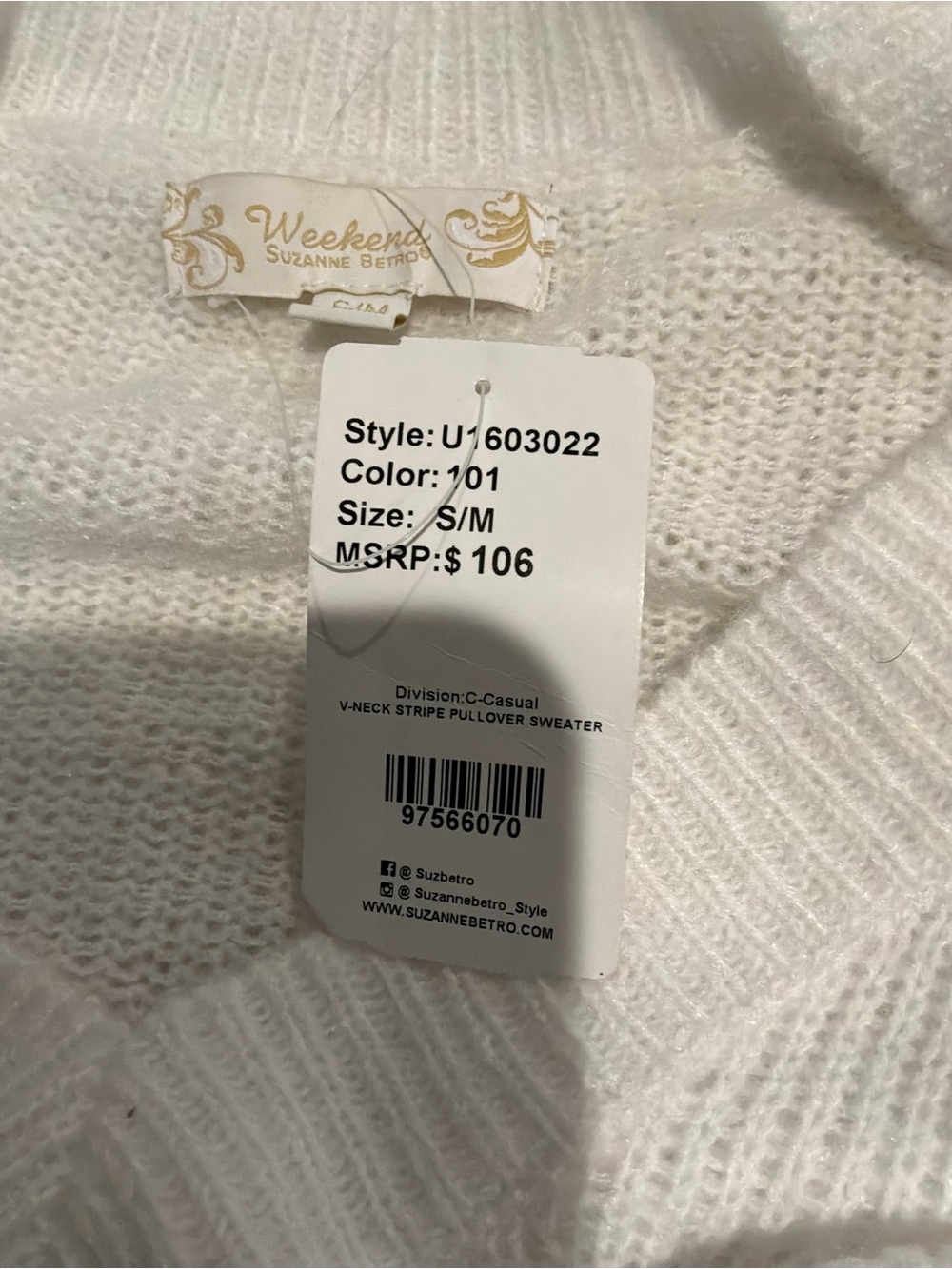 Suzanne Betro Cream V-Neck Stripe Pullover Sweater